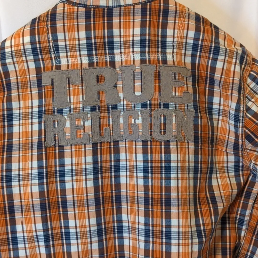 True Religion Mens Button Up Plaid Orange/Blue Sz M